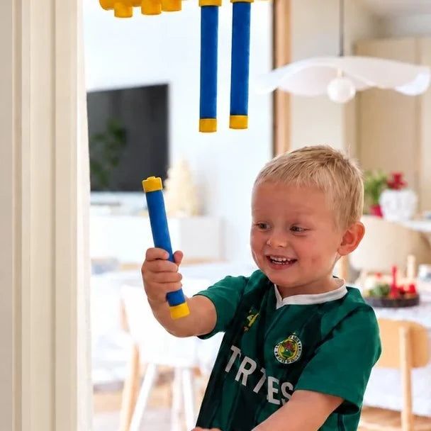 Pojke fångar en pinne hemma i vardagsrummet